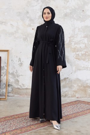 Abaya with Stone Embroidered Sleeves - Black