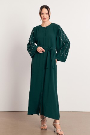 Kolları Taş İşlemeli Abaya - Zümrüt