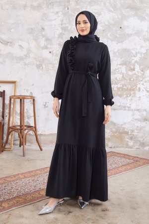 Shoulder Ruffle Dress - Black