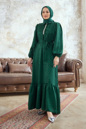 Liya Stone Jacquard Dress - Emerald