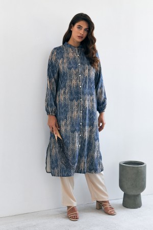 Patterned Long Tunic Trousers Set - Indigo