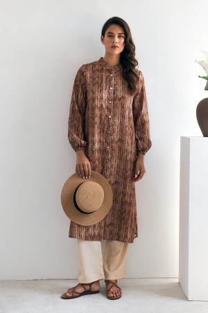 Patterned Long Tunic Trousers Set - Camel