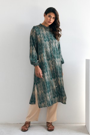 Patterned Long Tunic Trousers Set - Emerald