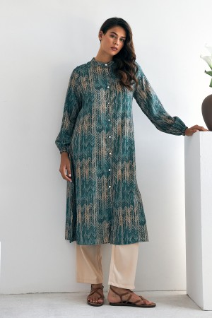 Patterned Long Tunic Trousers Set - Mint