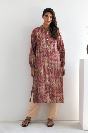 Patterned Long Tunic Trousers Set - Dusty Rose