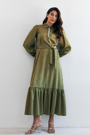 Royal Stone Jacquard Dress - Oil Green
