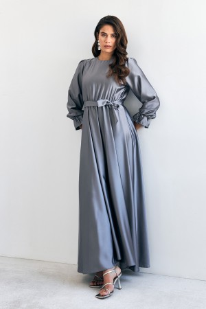 Liza Belted Satin Dress - Gray