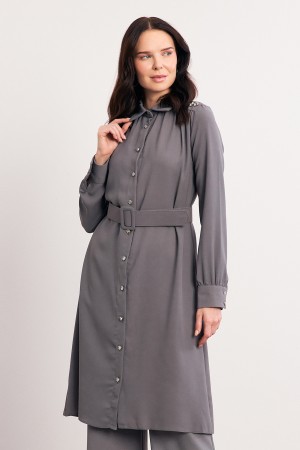 Belted Shoulder Stoned Tunic - Gray