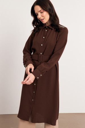 Belted Shoulder Stoned Tunic - Brown