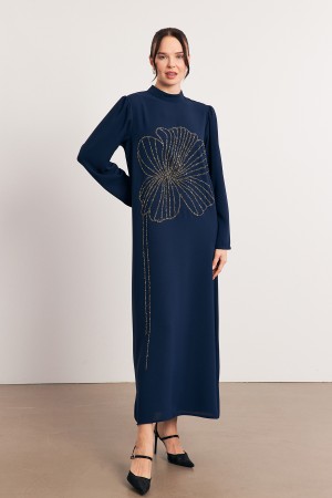 Evening Dress with Stone Embroidery Details - Indigo