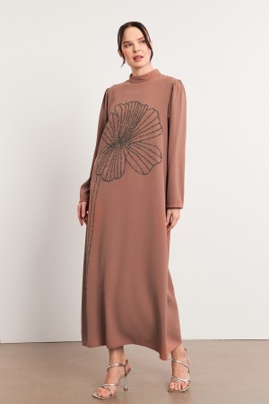 Stone Embroidery Detailed Evening Dress - Camel