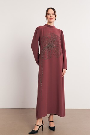 Evening Dress with Stone Embroidery Detail - Dusty Rose