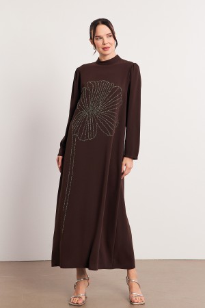 Stone Embroidery Detailed Evening Dress - Brown