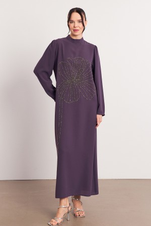 Evening Dress with Stone Embroidery Details - Lilac