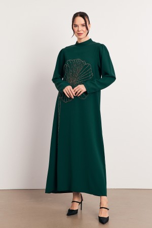 Stone Embroidery Detailed Evening Dress - Emerald