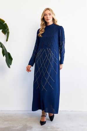 Alora Stone Embroidered Evening Dress - Indigo