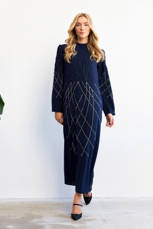 Alora Stone Embroidered Evening Dress - Navy Blue