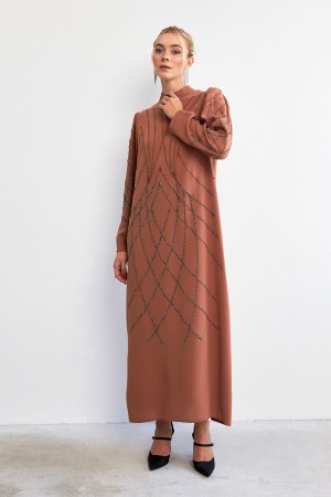 Alora Stone Embroidered Evening Dress - Camel