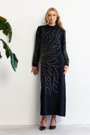 Velina Stone Embroidered Evening Dress - Black