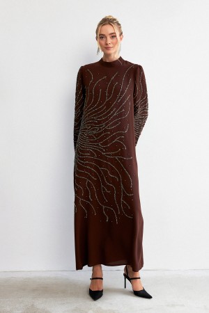 Velina Stone Embroidered Evening Dress - Brown