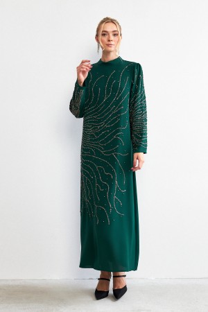 Velina Stone Embroidered Evening Dress - Emerald