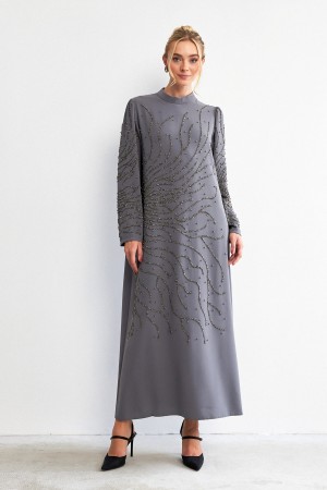 Velina Stone Embroidered Evening Dress - Gray