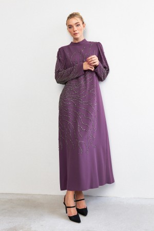 Velina Stone Embroidered Evening Dress - Lilac