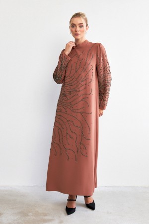 Velina Stone Embroidered Evening Dress - Camel