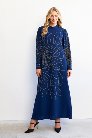 Velina Stone Embroidered Evening Dress - Indigo