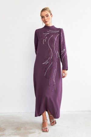 Zeren Stone Embroidered Evening Dress - Lilac