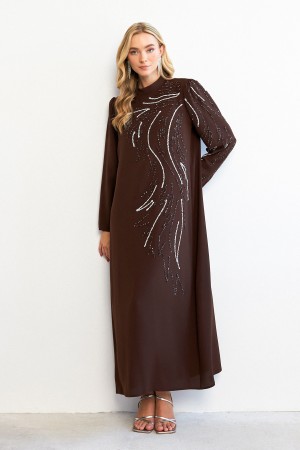 Zeren Stone Embroidered Evening Dress - Brown