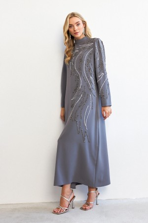 Zeren Stone Embroidered Evening Dress - Gray