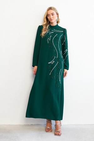 Zeren Stone Embroidered Evening Dress - Emerald