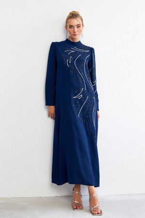 Zeren Stone Embroidered Evening Dress - Indigo