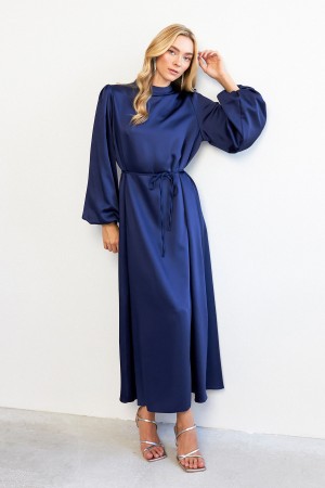 Balloon Sleeve Satin Evening Dress - Navy Blue