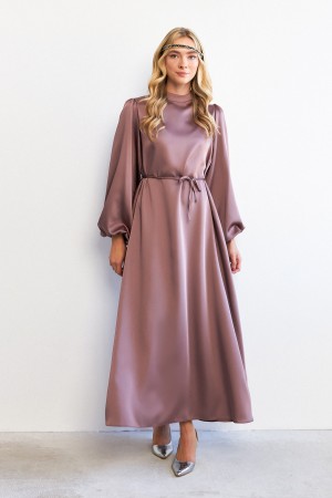 Balloon Sleeve Satin Evening Dress - Dusty Rose