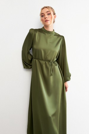 Balloon Sleeve Satin Evening Dress - Khaki