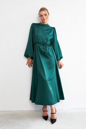 Balloon Sleeve Satin Evening Dress - Emerald