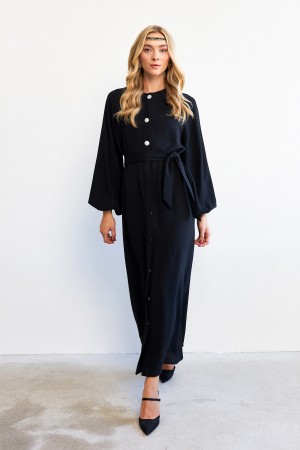 Balloon Sleeve Button Abaya Dress - Black