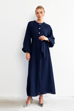 Balloon Sleeve Button Abaya Dress - Navy Blue