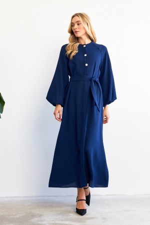 Balloon Sleeve Button Abaya Dress - Indigo