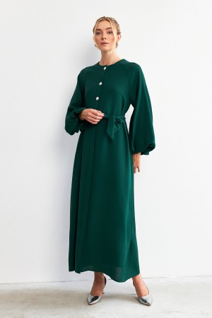 Balloon Sleeve Button Abaya Dress - Emerald