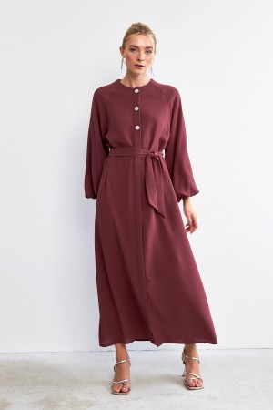 Balloon Sleeve Button Abaya Dress - Dusty Rose