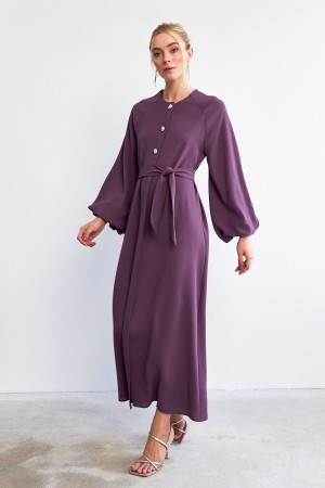 Balloon Sleeve Button Abaya Dress - Lilac