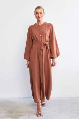 Balloon Sleeve Button Abaya Dress - Camel