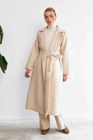 Belted Quilted Trench Coat - Beige