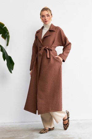 Belted Quilted Trench Coat - Brown