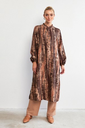 Printed Patterned Tunic Trouser Set - Camel