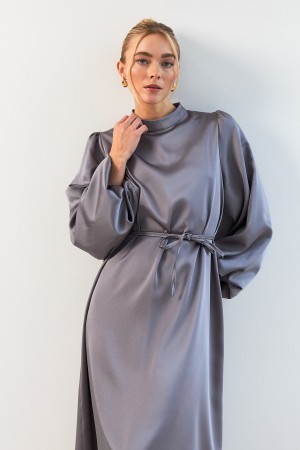 Balloon Sleeve Satin Evening Dress - Gray