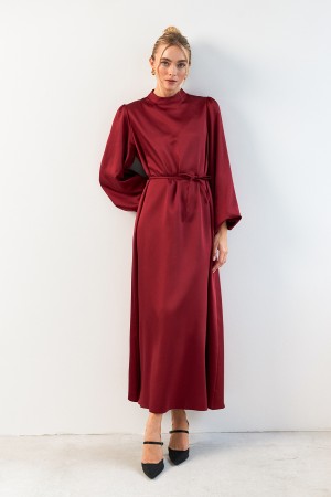 Balloon Sleeve Satin Evening Dress - Claret Red